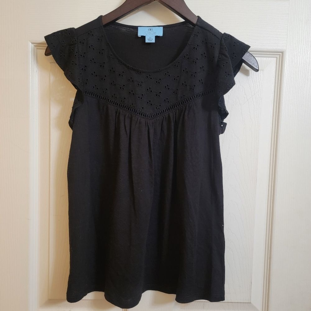 Cece Flutter Sleeve Eyelet Yoke Knit Top